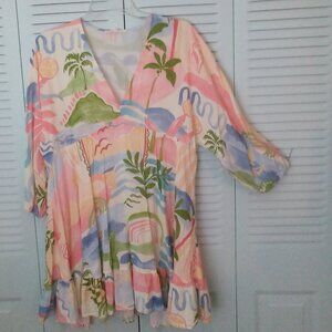 LABEL OF LOVE XL TROPICAL V-NECK BABY DOLL 3/4 SLEEVES TIERED RUFFLE PEPLUM BOHO